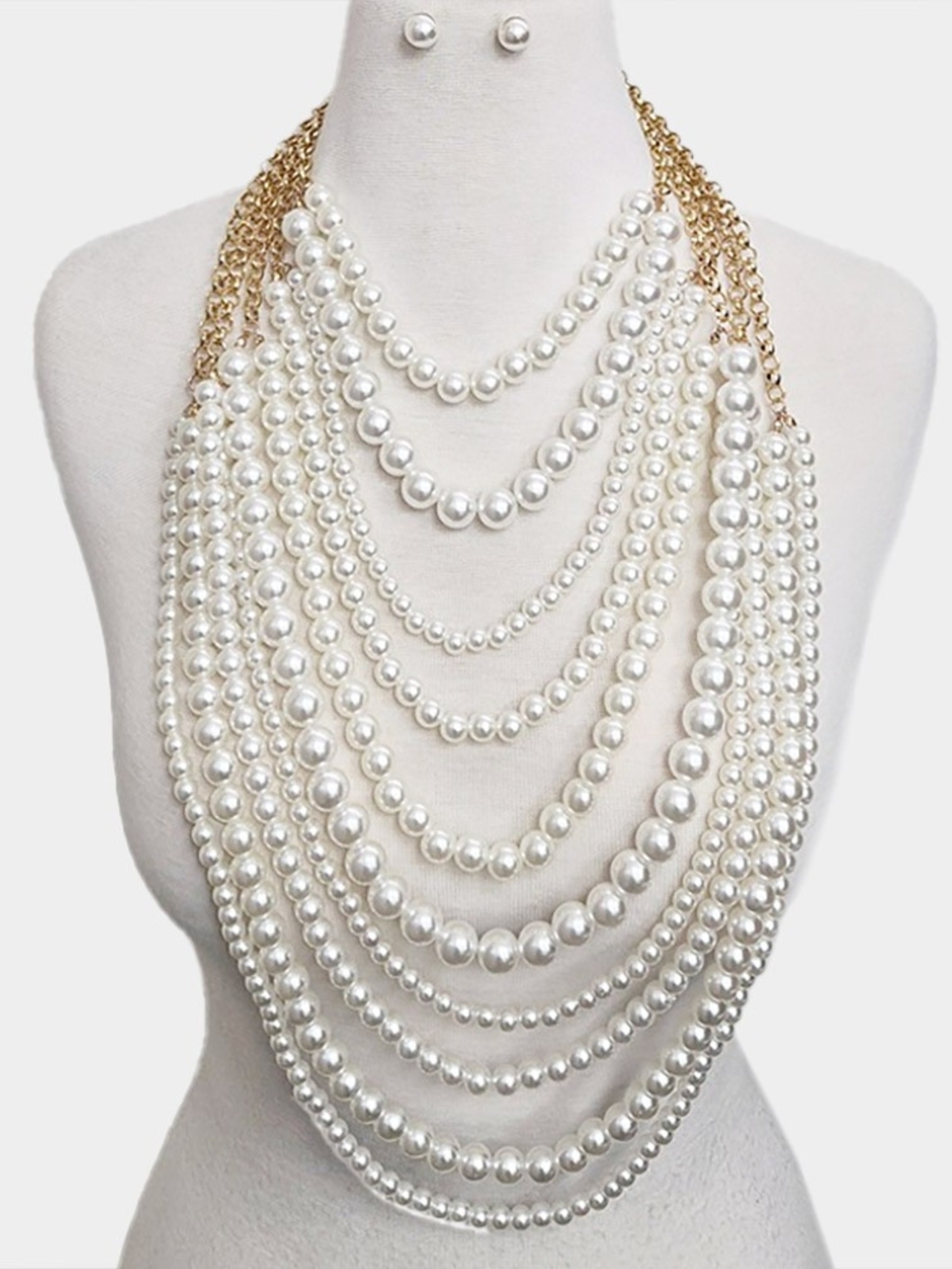 Multi-Layer Pearl Statement Necklace in White with Gold Chains